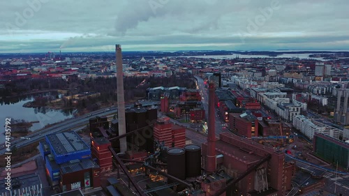 Aerial drone view over the Ruoholahti industrial area of gloomy Helsinki, Finland photo