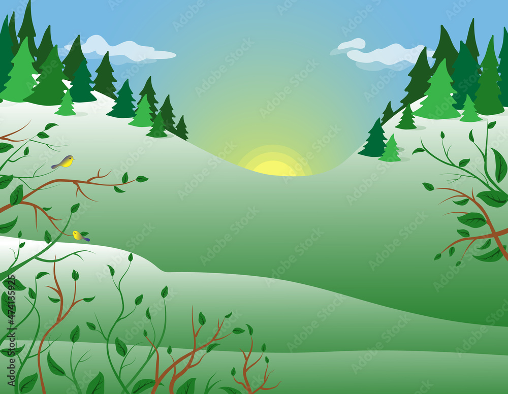 Vector illustration of a spring forest landscape with trees, hills and the rising sun