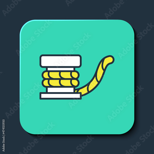 Filled outline Marine bollard with rope tied on pier icon isolated on blue background. Turquoise square button. Vector