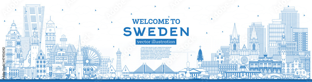 Welcome to Sweden. Outline City Skyline with Blue Buildings.