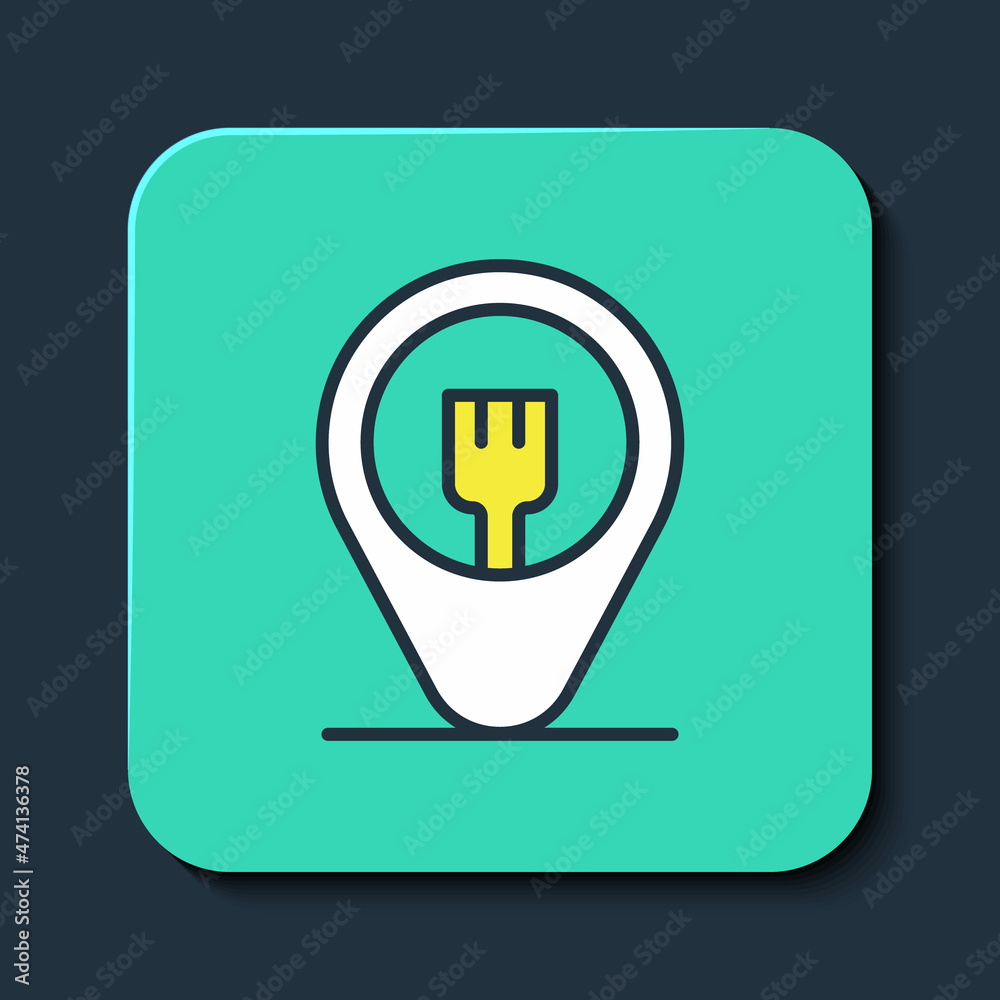 Filled outline Cafe and restaurant location icon isolated on blue background. Fork eatery sign inside pinpoint. Turquoise square button. Vector. Filled outline Cafe and restaurant location icon isolated on blue background. Fork eatery sign inside pinpoint. Turquoise square button. Vector.