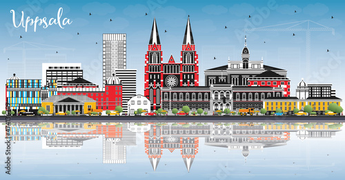 Uppsala Sweden City Skyline with Color Buildings, Blue Sky and Reflections.