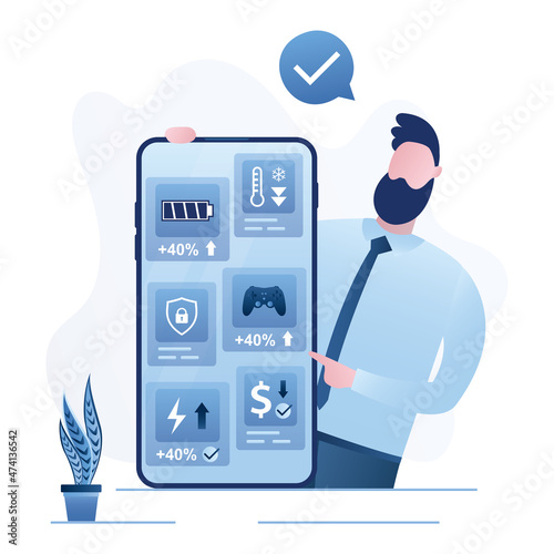 Confident businessman presenting new smartphone. Mobile phone with powerful hardware and low price. Marketing, promotion campaign.