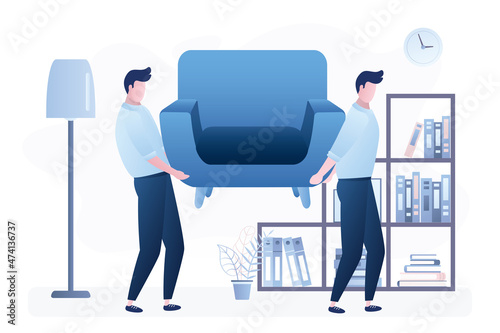 Two movers take sofa out of apartment. Interior design living room. Transportation service