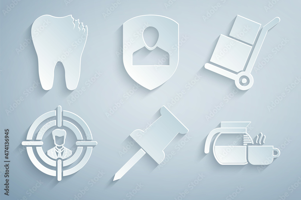 Set Push pin, Hand truck and boxes, Head hunting, Coffee pot with cup, User protection and Broken tooth icon. Vector Set Push pin, Hand truck and boxes, Head hunting, Coffee pot with cup, User protection and Broken tooth icon. Vector