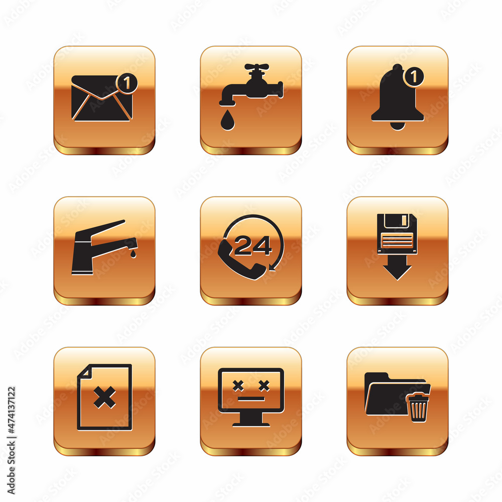 Set New, email incoming message, Delete file document, Dead monitor, Telephone 24 hours support, Water tap and Bell icon. Vector Set New, email incoming message, Delete file document, Dead monitor, Telephone 24 hours support, Water tap and Bell icon. Vector