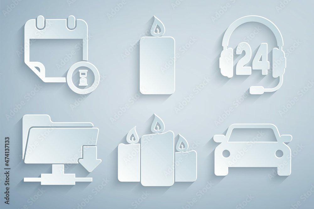 Set Burning candles, Headphone for support, FTP folder download, Car, and Calendar clock icon. Vector Set Burning candles, Headphone for support, FTP folder download, Car, and Calendar clock icon. Vector