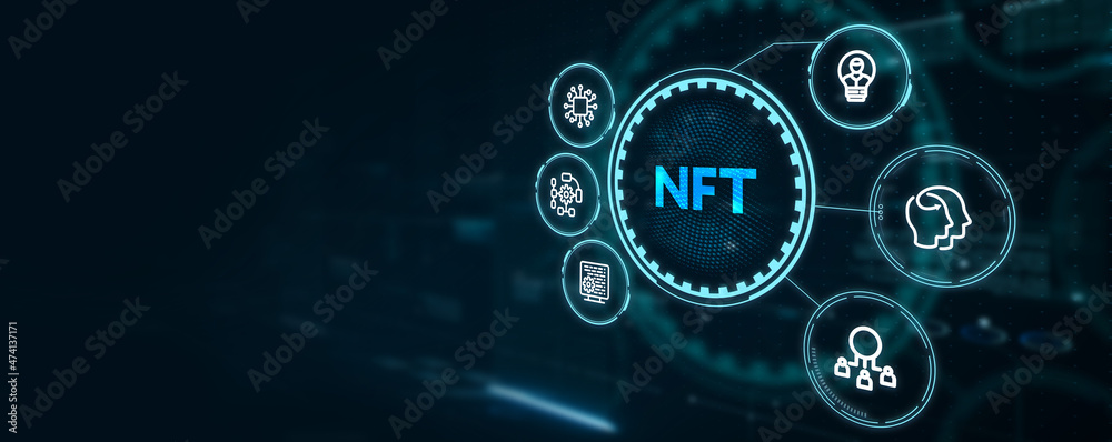 NFT Non-fungible token digital crypto  on virtual screen.3d illustration