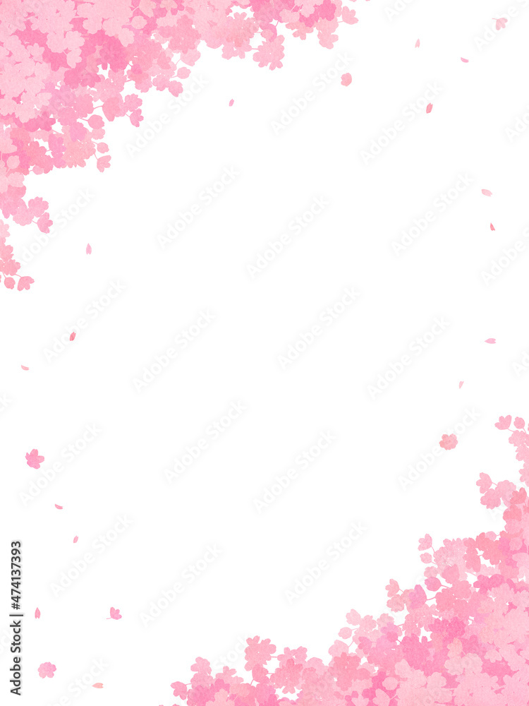 水彩画風　満開の桜　シルエット　フレーム・背景素材（縦向き）