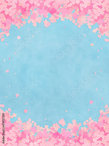水彩画風　満開の桜　シルエット　フレーム・背景素材（縦向き／水色背景）