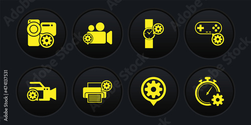 Set Video camera setting, Gamepad, Printer, Setting, Wrist watch and icon. Vector