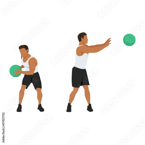 Side lateral medicine ball throw. Slam exercise. Flat vector illustration isolated on white background. workout character set