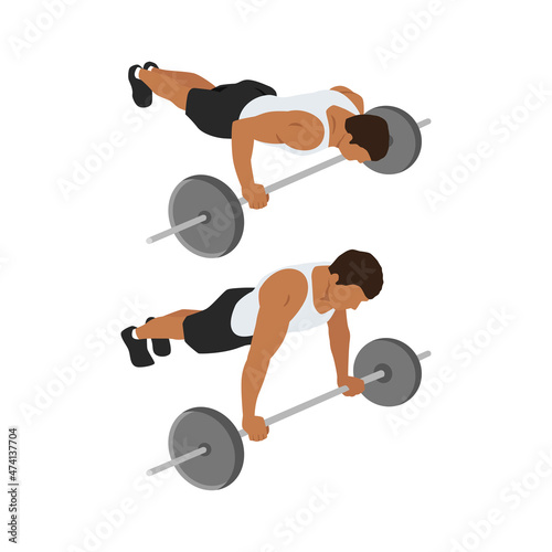 Barbell push ups exercise. Flat vector illustration isolated on white background. workout character set