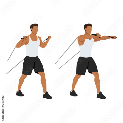 Resistance band chest press exercise, Flat vector illustration isolated on white background. Chest workout
