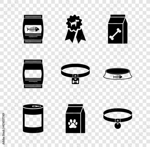 Set Bag of food for cat, Dog award symbol, pet, Canned, and Collar icon. Vector