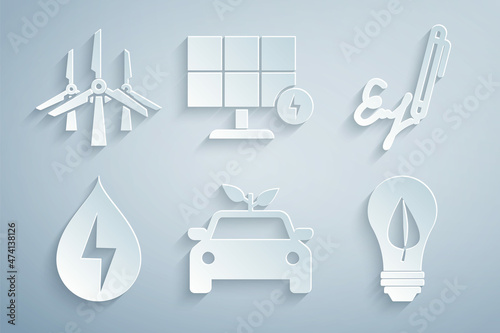 Set Eco car concept drive, Signature, Water energy, Light bulb with leaf, Solar panel and Wind turbines icon. Vector