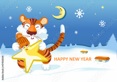 Happy New Year 2022. Cartoon cute happy tiger with star and month on winter forest background. Vector illustration for postcard, banner.