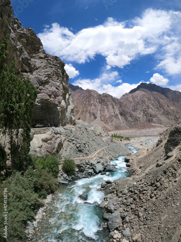 Aerial view of a stream at Nubra Valley, Ladakh, India photo
