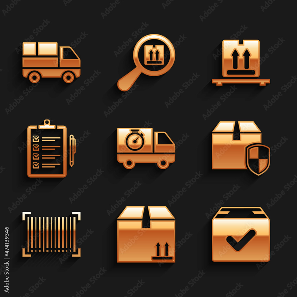 Set Delivery truck and stopwatch, Cardboard box with traffic, Package check mark, security shield, Barcode, Verification of delivery list, boxes pallet and icon. Vector Set Delivery truck and stopwatch, Cardboard box with traffic, Package check mark, security shield, Barcode, Verification of delivery list, boxes pallet and icon. Vector