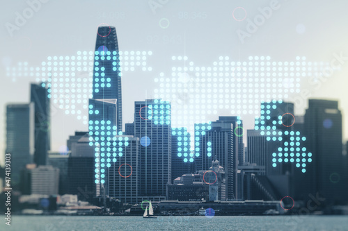 Multi exposure of abstract graphic world map on San Francisco cityscape background, big data and networking concept