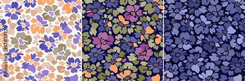 Set of vector seamless floral patterns. Multicolored and monochrome flowers on a white and dark background. Collection of natural prints. Simple flower in the color of the year very peri. 