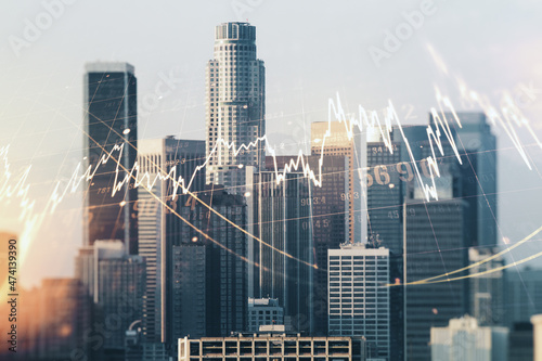 Multi exposure of virtual creative financial chart hologram on Los Angeles skyscrapers background  research and analytics concept