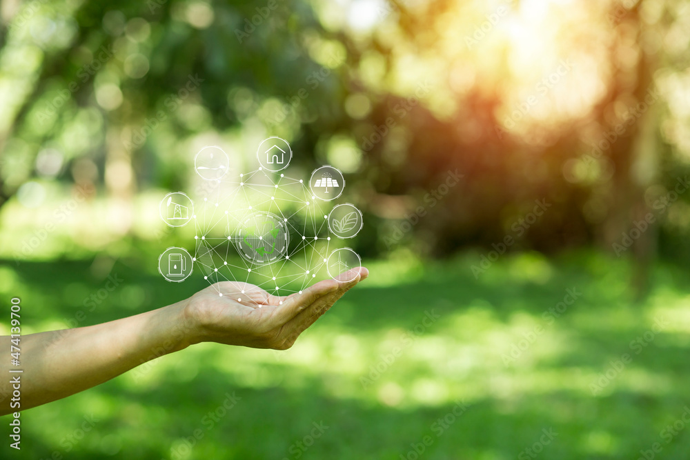 Technology, hand holding with environment Icons over the Network connection on green background Technology, hand holding with environment Icons over the Network connection on green background