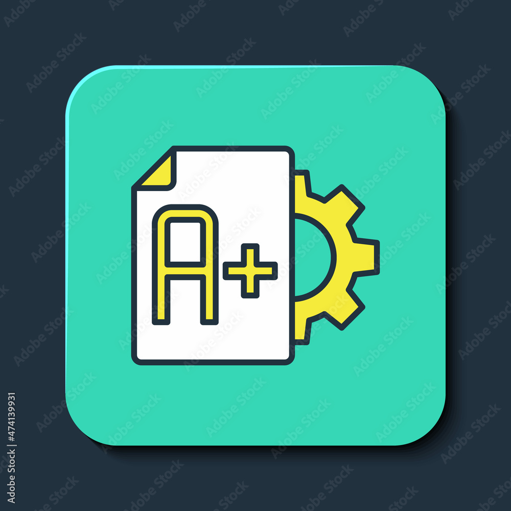 Filled outline Exam sheet with A plus grade icon isolated on blue background. Test paper, exam, or survey concept. School test or exam. Turquoise square button. Vector Filled outline Exam sheet with A plus grade icon isolated on blue background. Test paper, exam, or survey concept. School test or exam. Turquoise square button. Vector