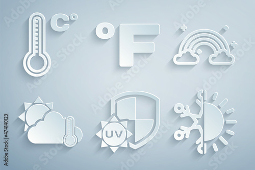 Set UV protection, Rainbow with clouds, Thermometer and cloud, sun, Sun snowflake, Fahrenheit and Meteorology thermometer icon. Vector