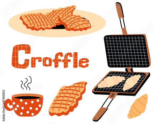 Croffle set. Croissant Wafle cooked in a Waffle Maker.  Korean dessert. Vector Sweet Food. Cup of tea.