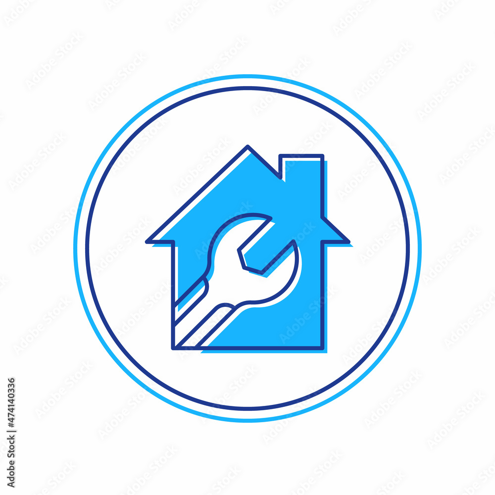 Filled outline House or home with wrench spanner icon isolated on white background. Adjusting, service, setting, maintenance, repair, fixing. Vector Filled outline House or home with wrench spanner icon isolated on white background. Adjusting, service, setting, maintenance, repair, fixing. Vector