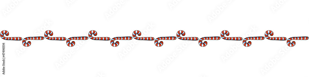 Obraz premium Edging, ribbon, border from red candy cane. Vector seamless pattern, ornament, decorative element, decoration on theme sweet New Year, Christmas