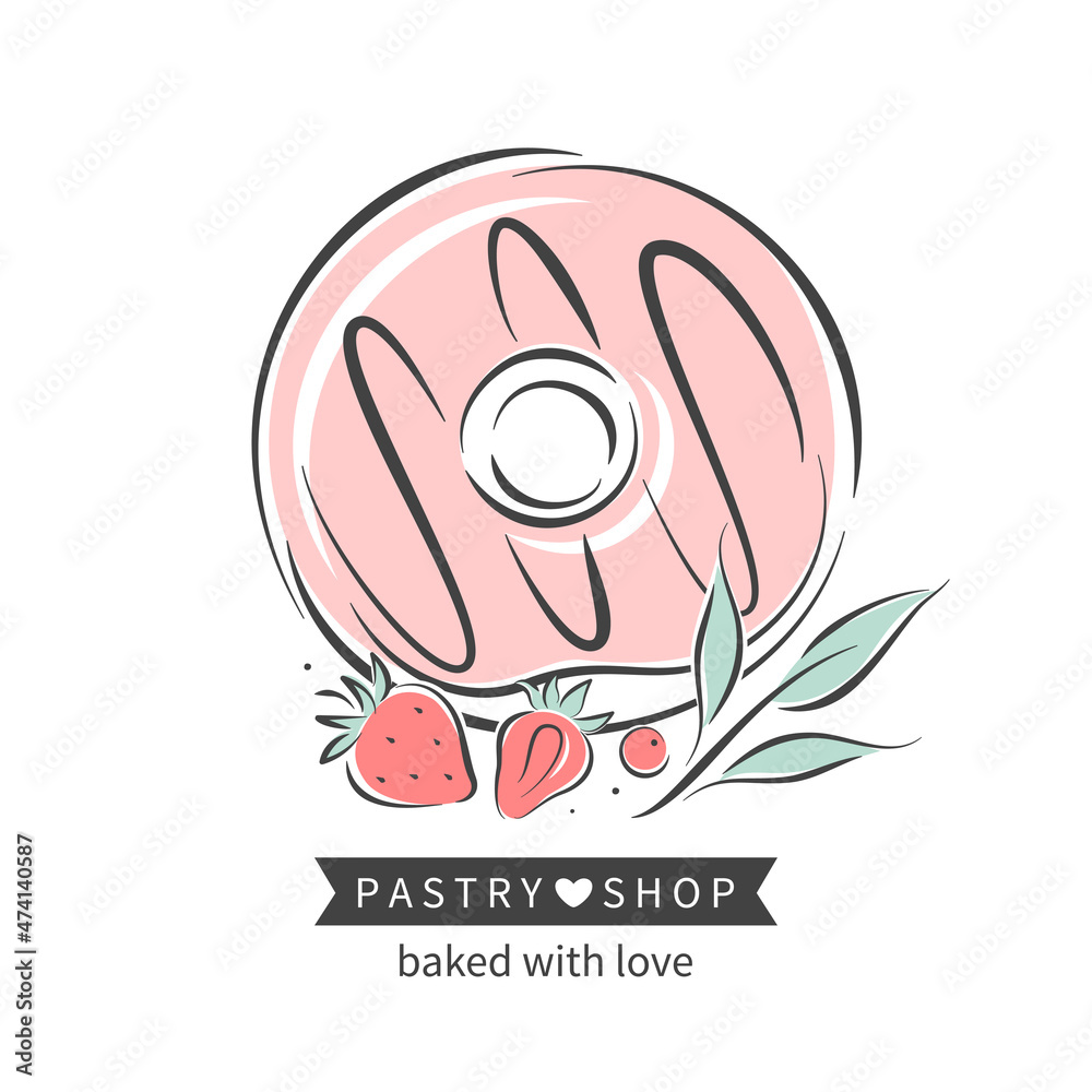 Donut and berries. Pastry and bread shop. Vector illustration for logo, menu, recipe book, baking shop, cafe, restaurant. Donut and berries. Pastry and bread shop. Vector illustration for logo, menu, recipe book, baking shop, cafe, restaurant.