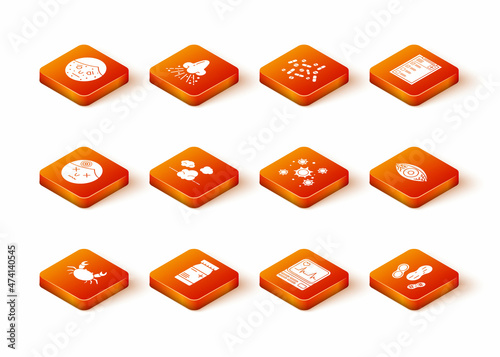 Set Crab, Medicine bottle and pills, Man having headache, Dust, Monitor with cardiogram, Bacteria, Peanut and Reddish eye allergic conjunctivitis icon. Vector