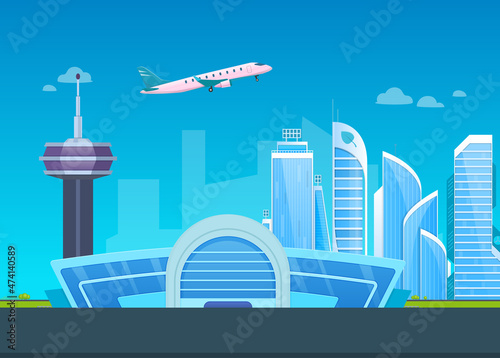 Airport passenger terminal building, with flying airplane in sky on background of city