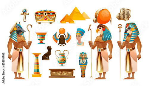 Egypt old symbols, sacred animals, pyramid, tomb, sarcophagus, cross vector