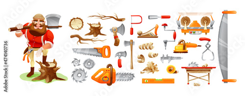 Lumberman cartoon character and tools. Forester, forestry woods industry
