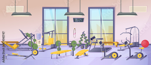 Fitness sports club gym interior with equipment, simulators, machines for body workout