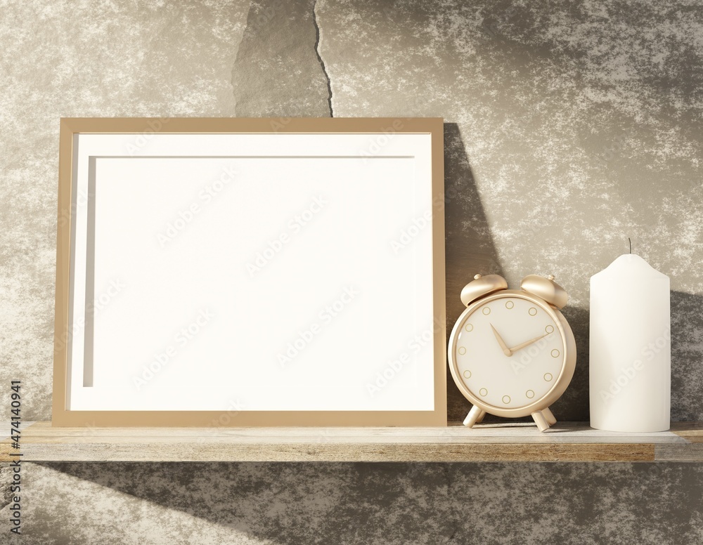 Blank template for inserting a photo on the background of a stone wall. Wooden shelf complemented by new candles and golden alarm clock. 3D rendering. Blank template for inserting a photo on the background of a stone wall. Wooden shelf complemented by new candles and golden alarm clock. 3D rendering.