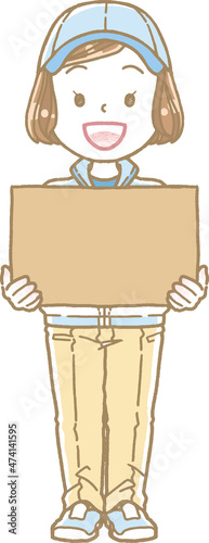 女性作業員のイラスト　荷物を持つ
