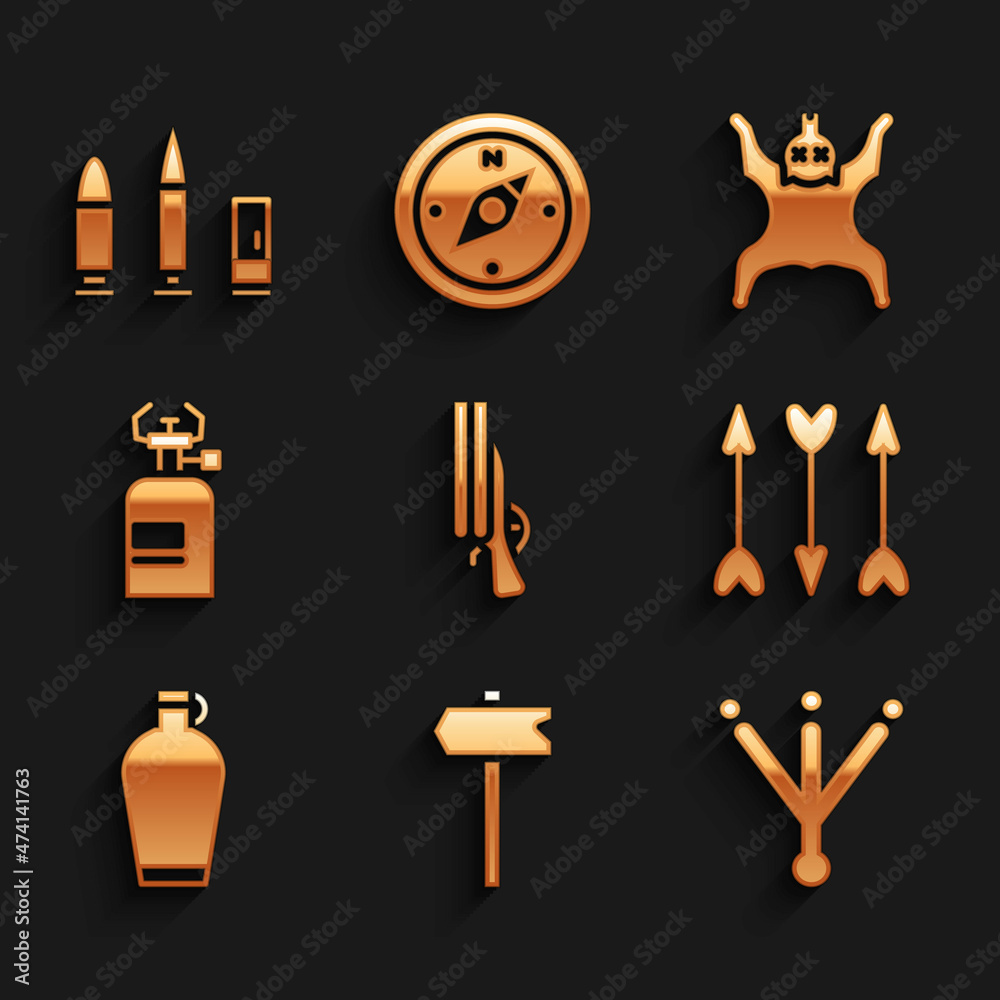 Set Shotgun, Road traffic sign, Bird footprint, Hipster arrows, Canteen water bottle, Camping gas stove, Bear skin and Bullet and cartridge icon. Vector Set Shotgun, Road traffic sign, Bird footprint, Hipster arrows, Canteen water bottle, Camping gas stove, Bear skin and Bullet and cartridge icon. Vector