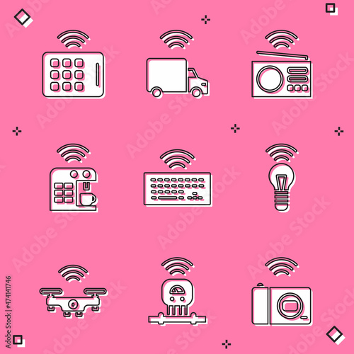 Set Wireless tablet, Smart truck, radio, coffee machine, keyboard, light bulb, drone and sensor icon. Vector