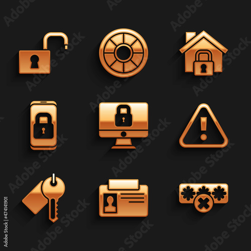 Set Lock on computer monitor, Identification badge, Password protection, Exclamation mark in triangle, Marked key, Mobile with closed padlock, House under and Open icon. Vector