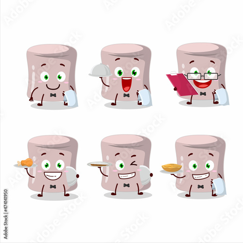 happy strawberry marshmallow waiter cartoon character holding a plate