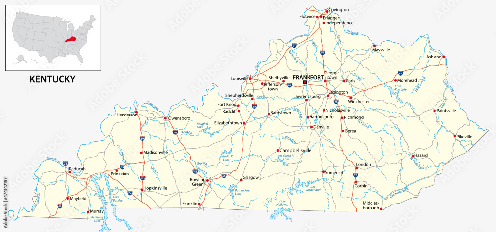 road map of the US American State of Kentucky