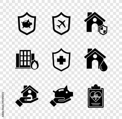 Set Piggy bank with shield, Plane, House, insurance, Health, Fire burning house and icon. Vector