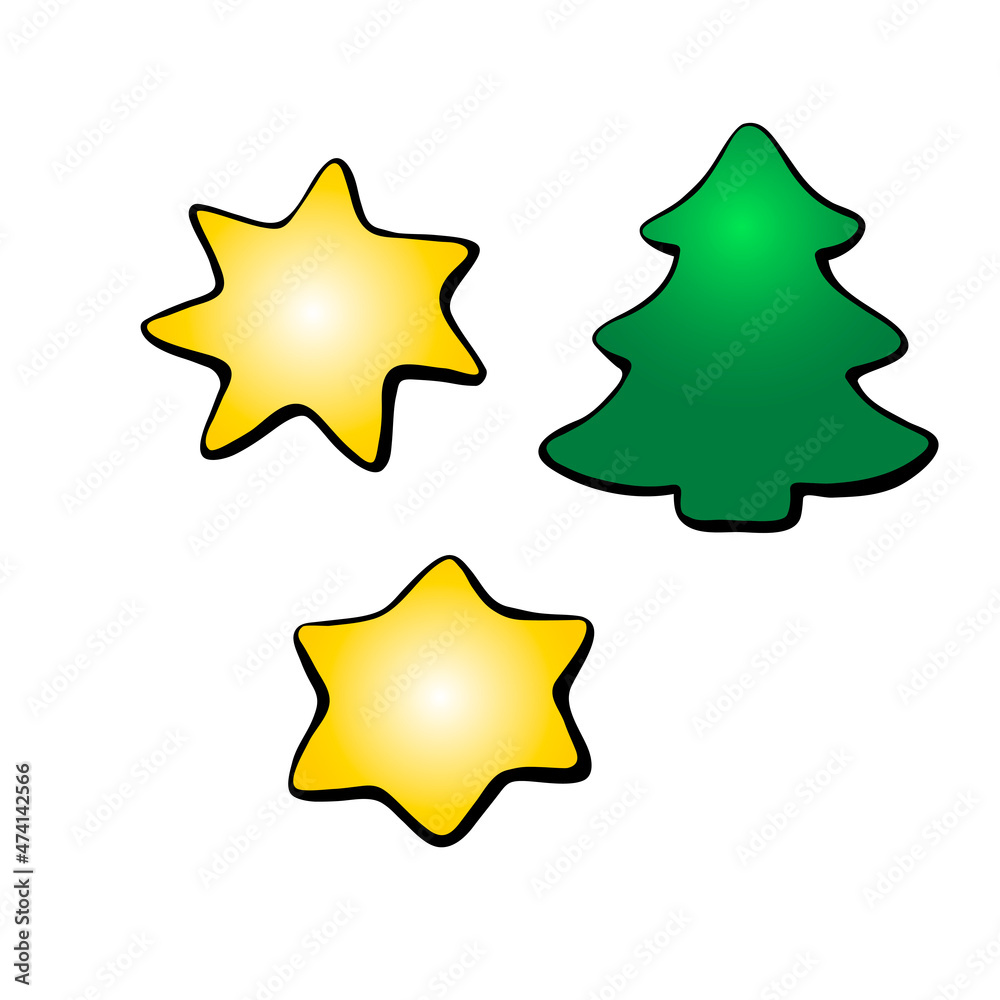Vector set of festive symbols: figures of stars, Christmas tree. Design elements, icons on theme of New year and Xmas Vector set of festive symbols: figures of stars, Christmas tree. Design elements, icons on theme of New year and Xmas