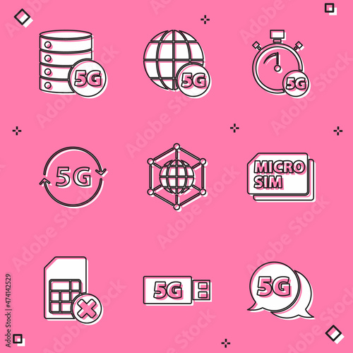 Set Server 5G network, Digital speed meter, Social, Micro Sim Card, card rejected and modem icon. Vector