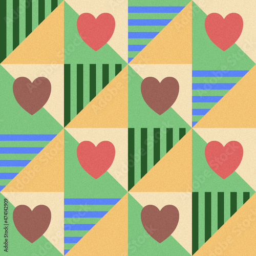 Geometric pattern of triangles, hearts, squares with texture fill. Seamless pattern of abstract elements in yellow, green, blue and red shades for textiles, covers, wallpapers.