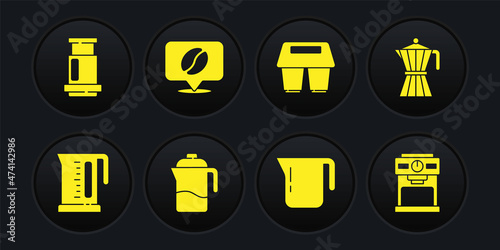 Set Electric kettle, Coffee moca pot, French press, cup to go, Location with coffee bean, machine and Aeropress icon. Vector